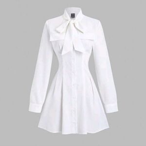 Women's Sweet Cute Bow Decor Minimalist Waisted Solid White Short Shirt  Dress